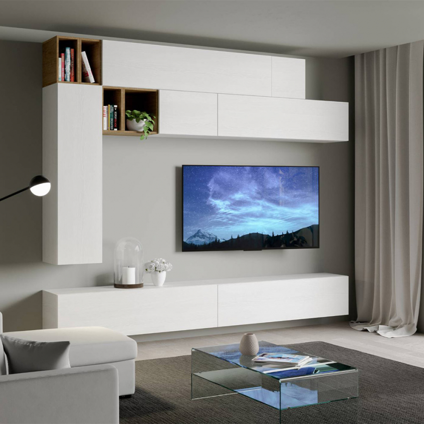 Moderne Wohnwand mit schwebendem TV-Schrank, Weiß-Holz, Modell A106 Aktion Moderne Wohnwand mit schwebendem TV-Schrank, Weiß-Holz, Modell A106 Aktion