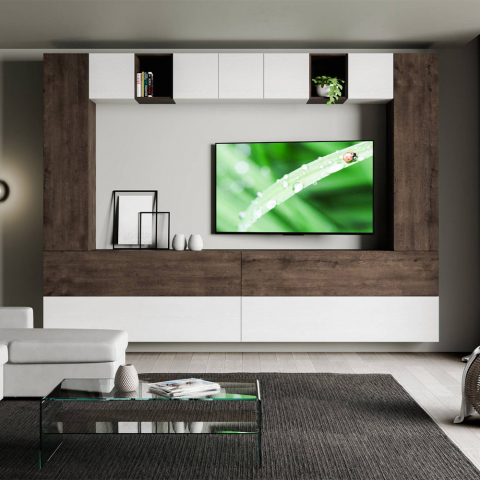 Moderne Wohnwand schwebend für TV, weißes Holz A105 Aktion