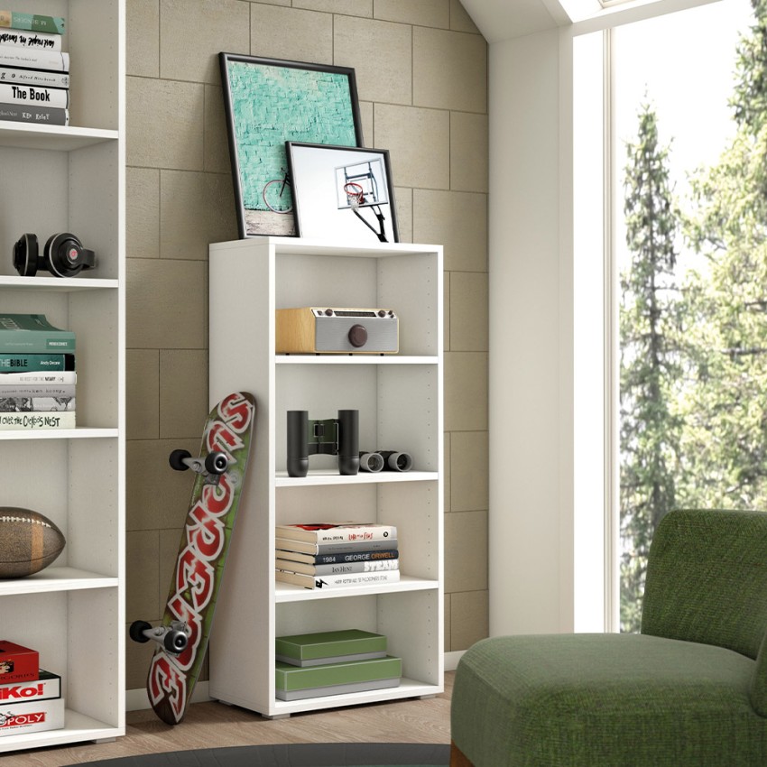 Moderne Design-Bücherregal fürs Büro, Arbeitszimmer, Wohnzimmer, 4 Fächer, Weiß Aktion Moderne Design-Bücherregal fürs Büro, Arbeitszimmer, Wohnzimmer, 4 Fächer, Weiß Aktion