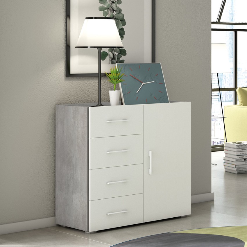 Moderne Anrichte mit Tür und 4 Schubladen, Grau Weiß Aktion Moderne Anrichte mit Tür und 4 Schubladen, Grau Weiß Aktion